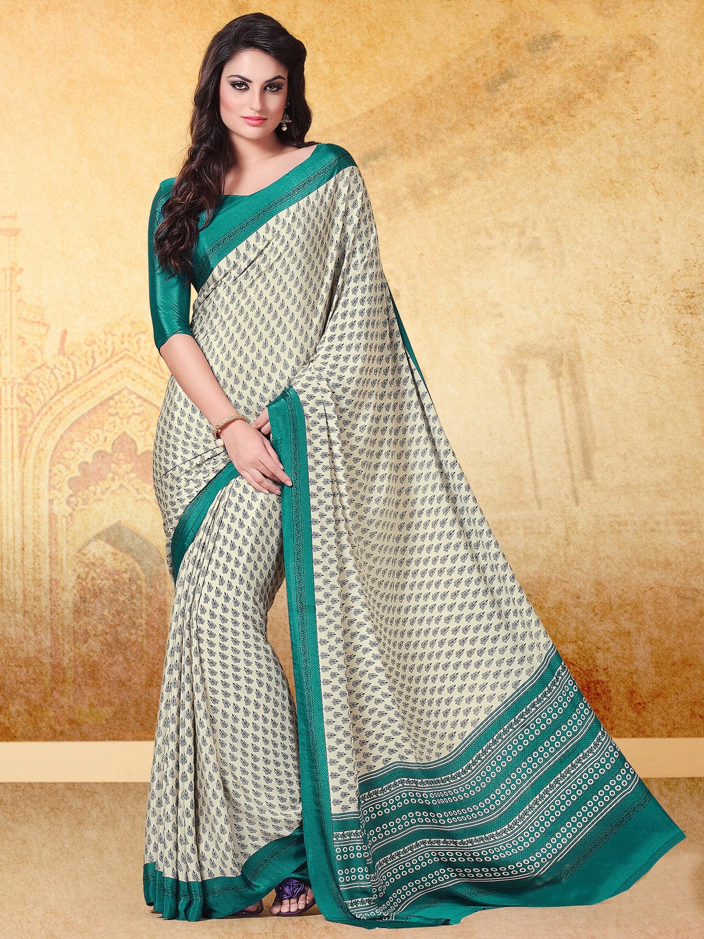 Women's Crepe Cream Printed Designer Saree With Blouse Piece
