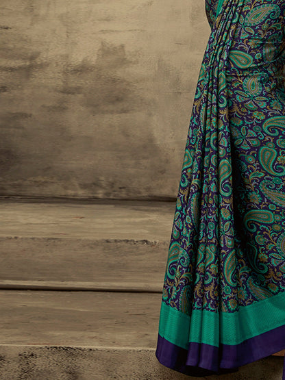 Women's Crepe Navy Blue Printed Designer Saree With Blouse Piece