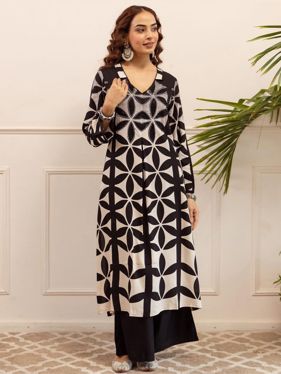 Printed A Line Beads and Stones Kurta With Palazzos