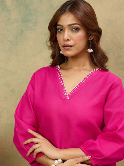 Fuchsia Women Solid Kurta with Trousers