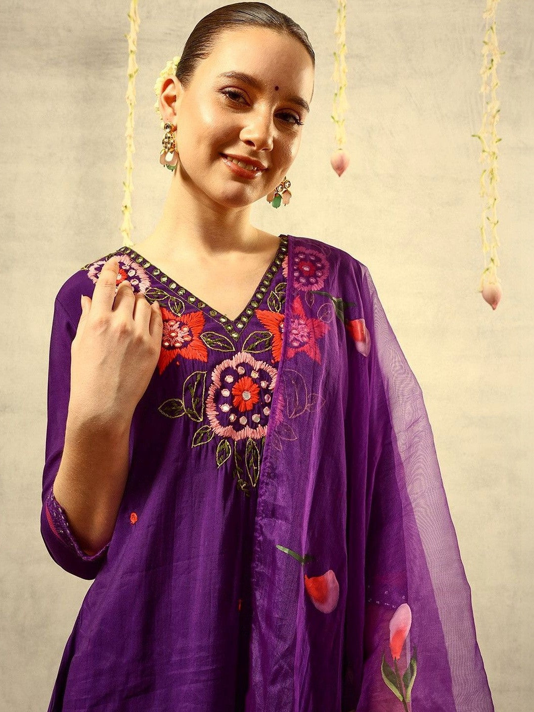 Embroidered V-Neck Kurta & Trousers With Dupatta