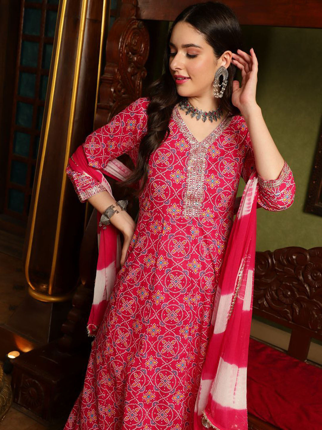 Bandhani Printed Panelled Sequinned Pure Cotton Kurta with Trousers & Dupatta