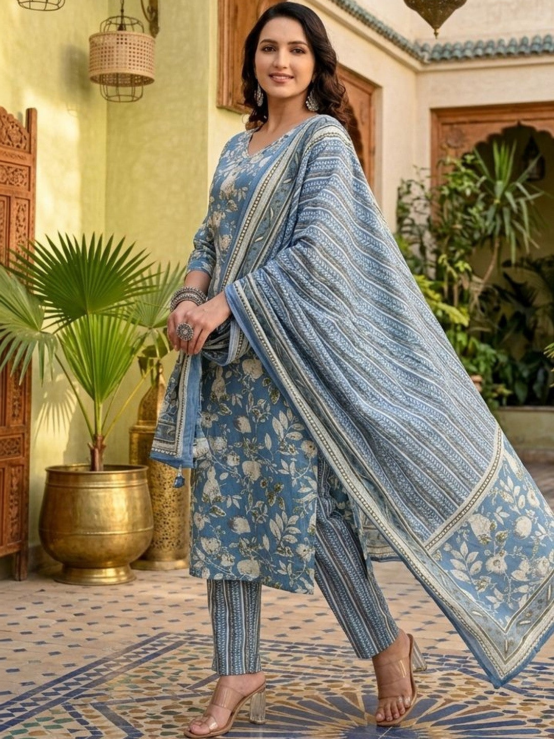 Embroidered Pure Cotton V-Neck Kurta & Harem Pants With Dupatta