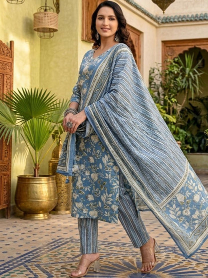 Embroidered Pure Cotton V-Neck Kurta & Harem Pants With Dupatta