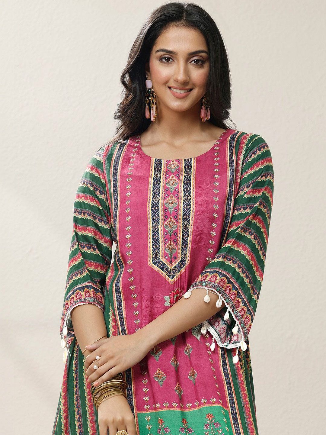 Dhiyona LL Women Ethnic Motifs Printed Regular Beads and Stones Kurta with Palazzos & With Dupatta