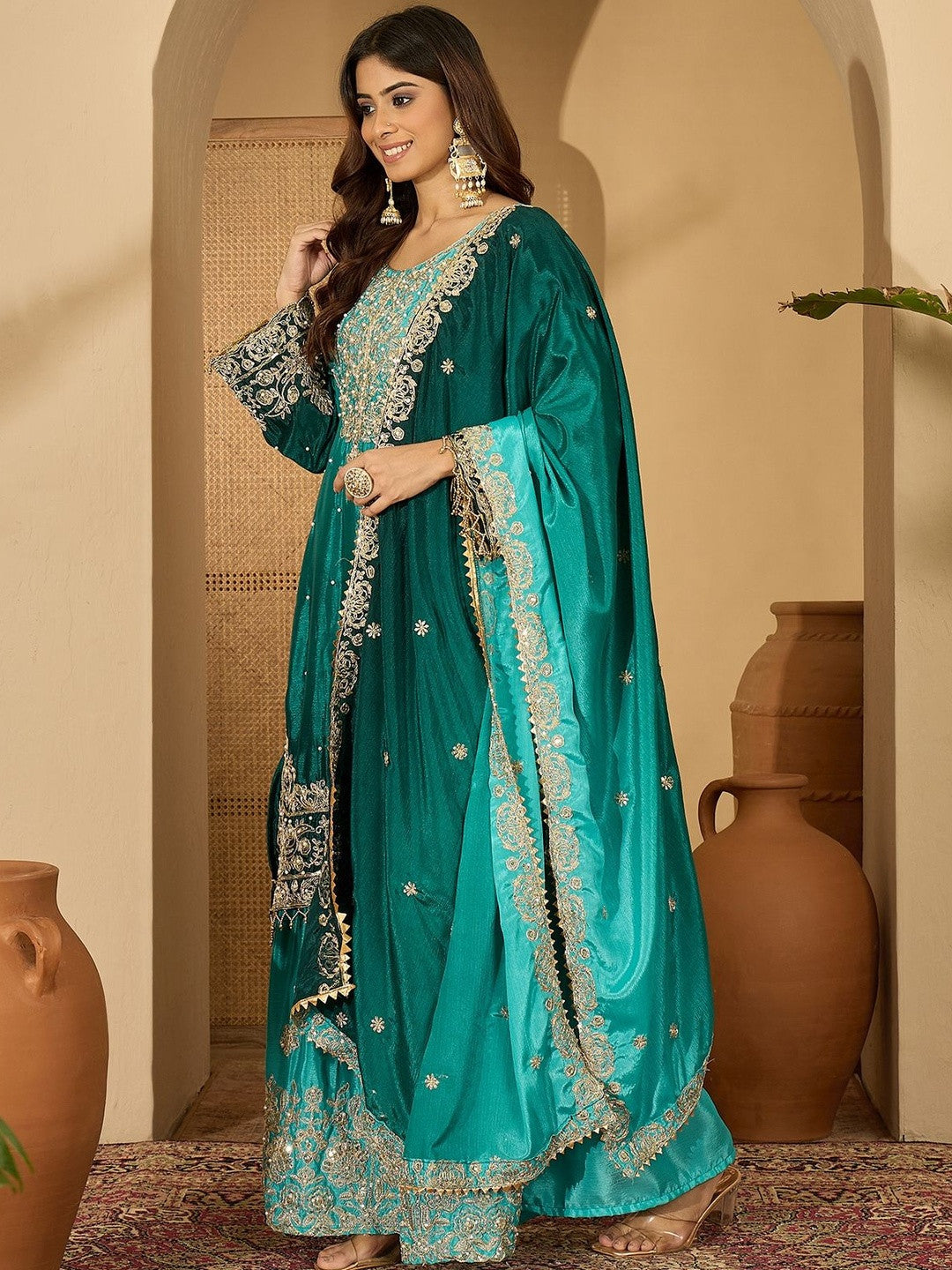 Floral Embroidered Beads And Stones Chinon Silk Kurta With Palazzos & Dupatta