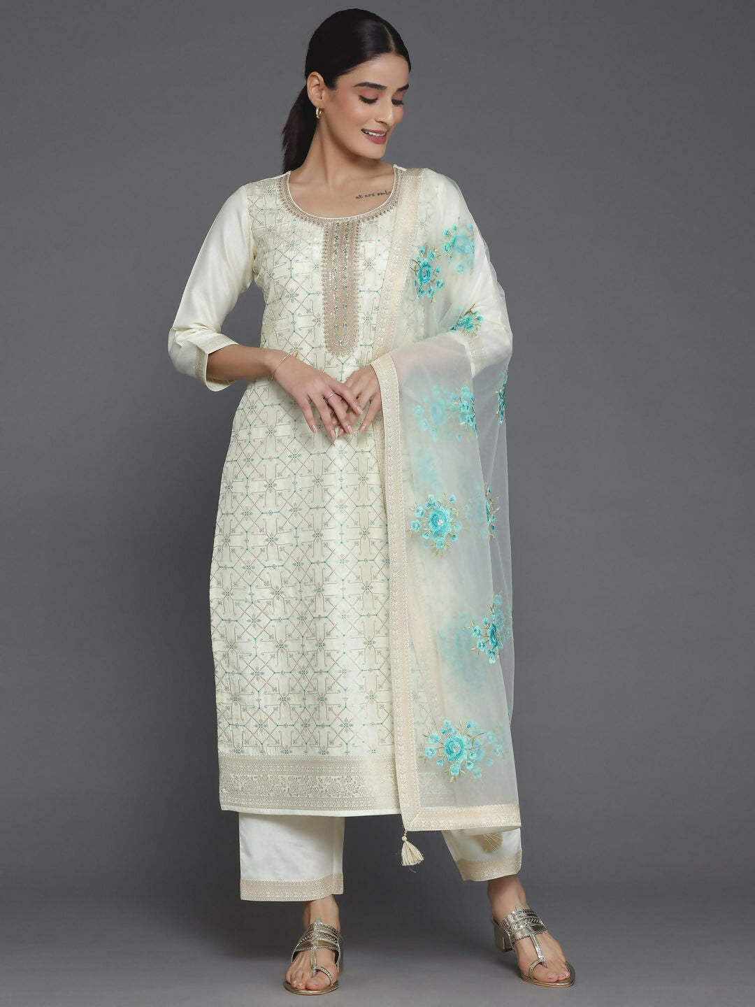 Women's LB Cream Woven Design Silk Blend Straight Suit With Dupatta