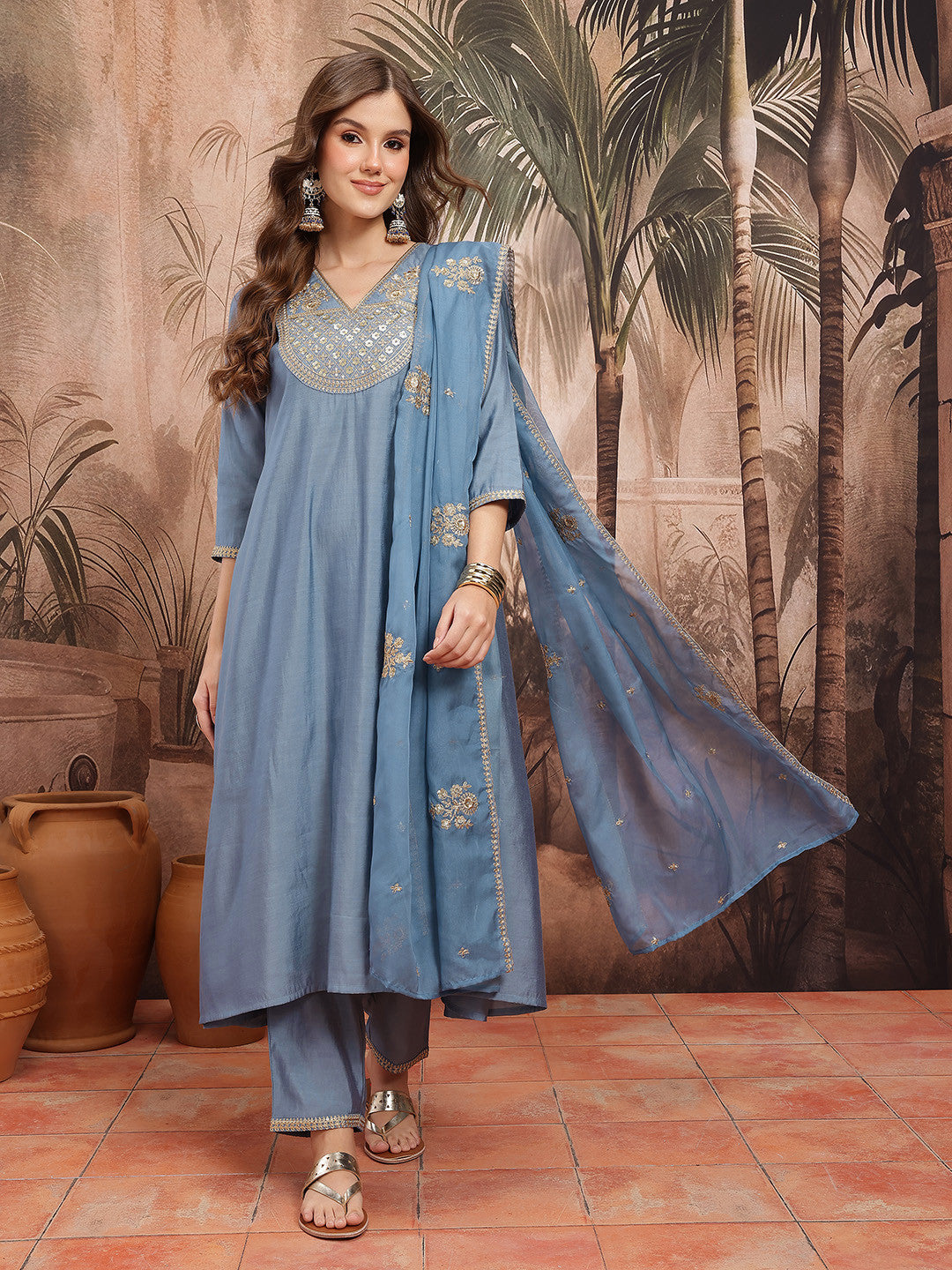 Dhiyona SN Ethnic Motifs Embroidered Sequinned V-Neck A-Line Kurta with Trousers & Dupatta