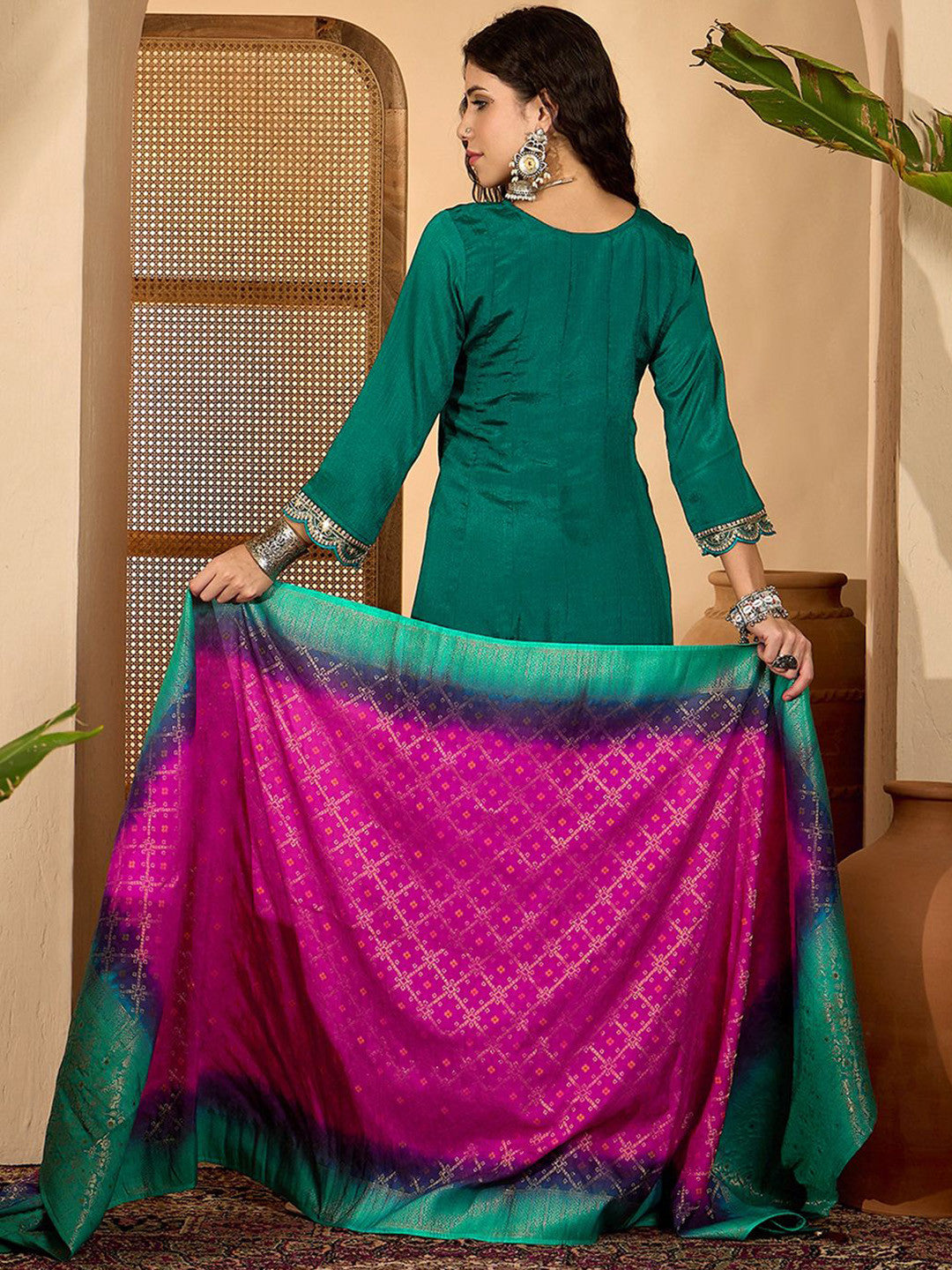 Zari Sequence Embroidered A-Line Kurta Trousers With Dupatta