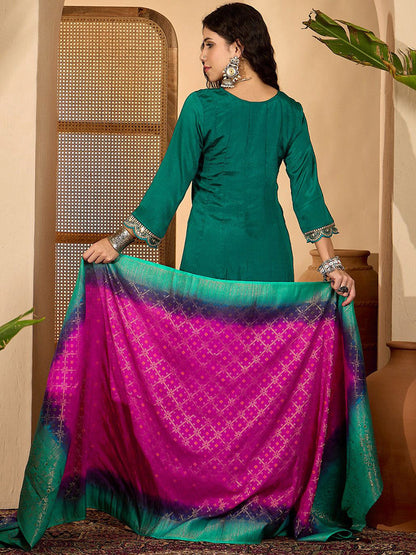 Zari Sequence Embroidered A-Line Kurta Trousers With Dupatta