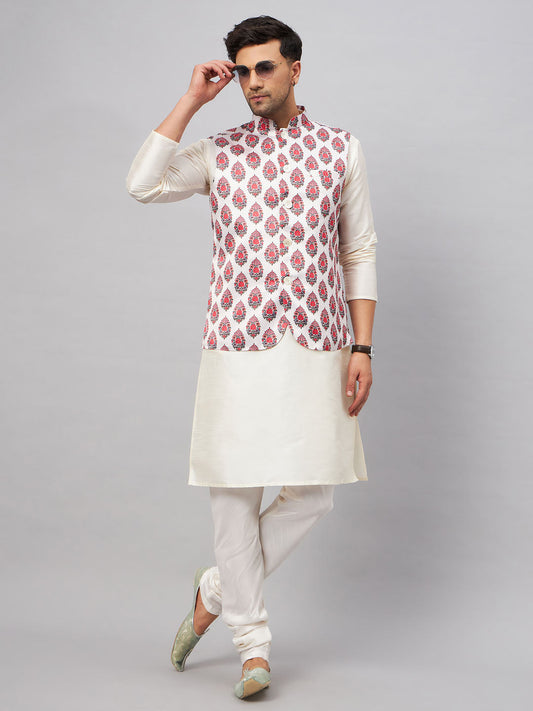 Men's Cream Silk Blend Straight Jacket  Kurta and Pyjama Set