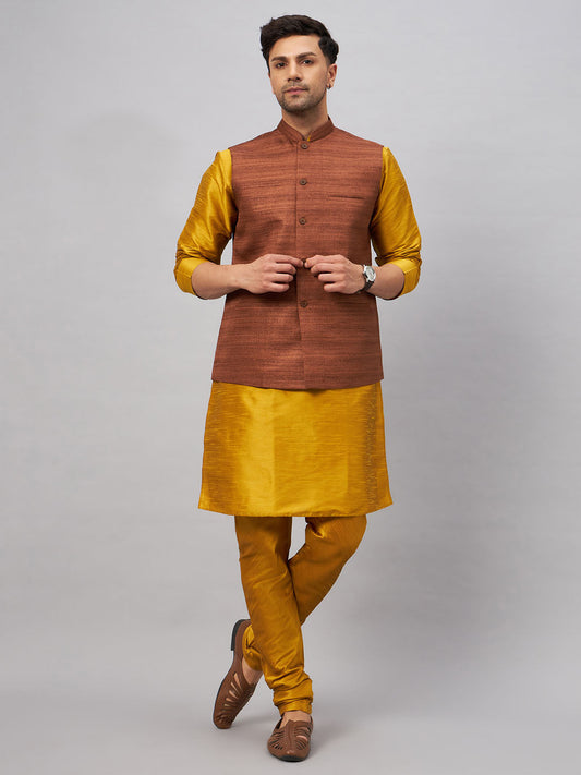 Men's Mustard Silk Blend Straight Jacket  Kurta and Pyjama Set