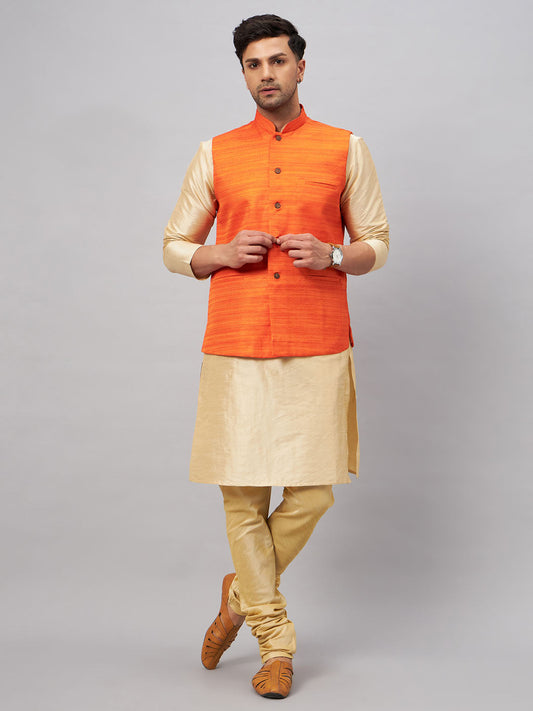 Men's Gold Silk Blend Straight Jacket  Kurta and Pyjama Set