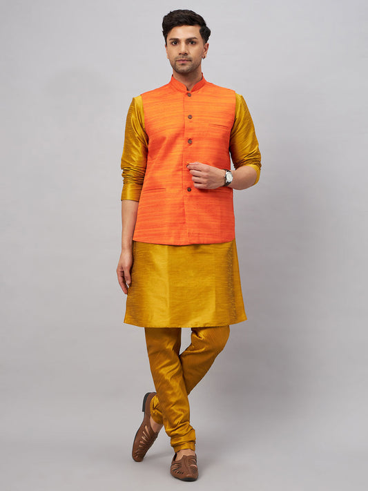 Men's Mustard Silk Blend Straight Jacket  Kurta and Pyjama Set