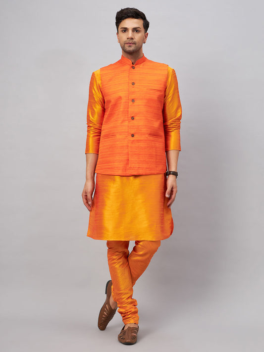 Men's Orange Silk Blend Straight Jacket  Kurta and Pyjama Set