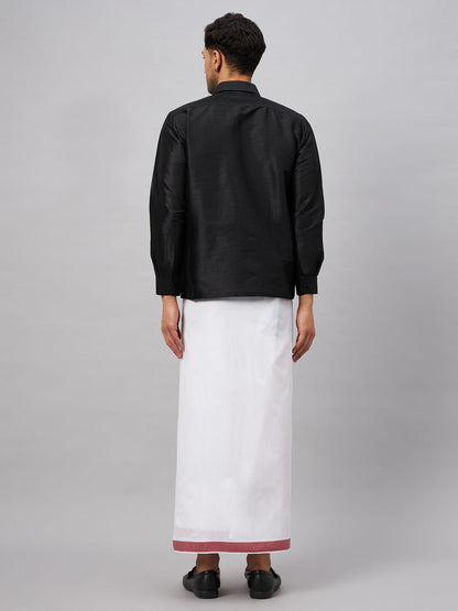 Men's Black Silk Blend Straight Shirt And Mundu
