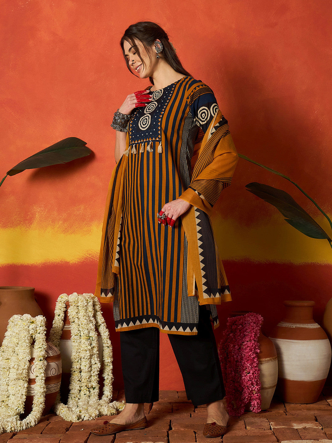 Striped Pure Cotton Round Neck Kurta & Trousers With Dupatta