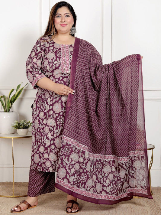 Dhiyona KL Women Plus Size Printed Pure Cotton Kurta with Trousers & Dupatta