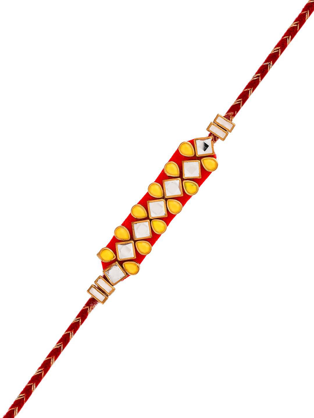 Dhiyona Set Of 4 Red Kundan-Studded & Beaded Rakhi With Roli Rice & Greeting Card