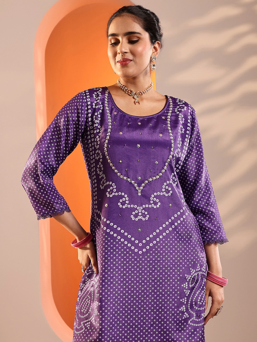 Women Bandhani Printed Regular Kurta with Trousers & Dupatta