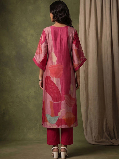 Women Printed Regular Chanderi Silk Kurta with Trousers