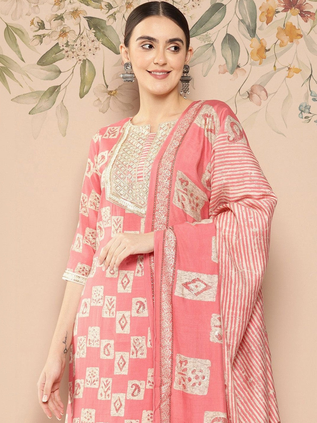 Women Ethnic Motifs Printed Regular Thread Work Kurta with Trousers & With Dupatta