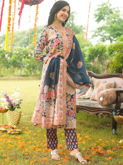 Dhiyona KL Floral Printed Notch Neck Straight Kurta with Trouser & Dupatta