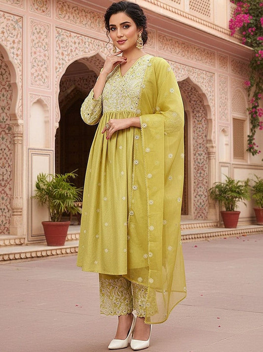 Dhiyona KL Floral Embroidered Panelled Thread Work Anarkali Kurta With Palazzo & Dupatta