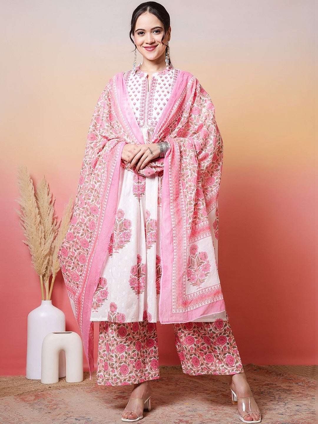Dhiyona SN Embroidered Pure Cotton A-Line Kurta & Palazzos With Dupatta