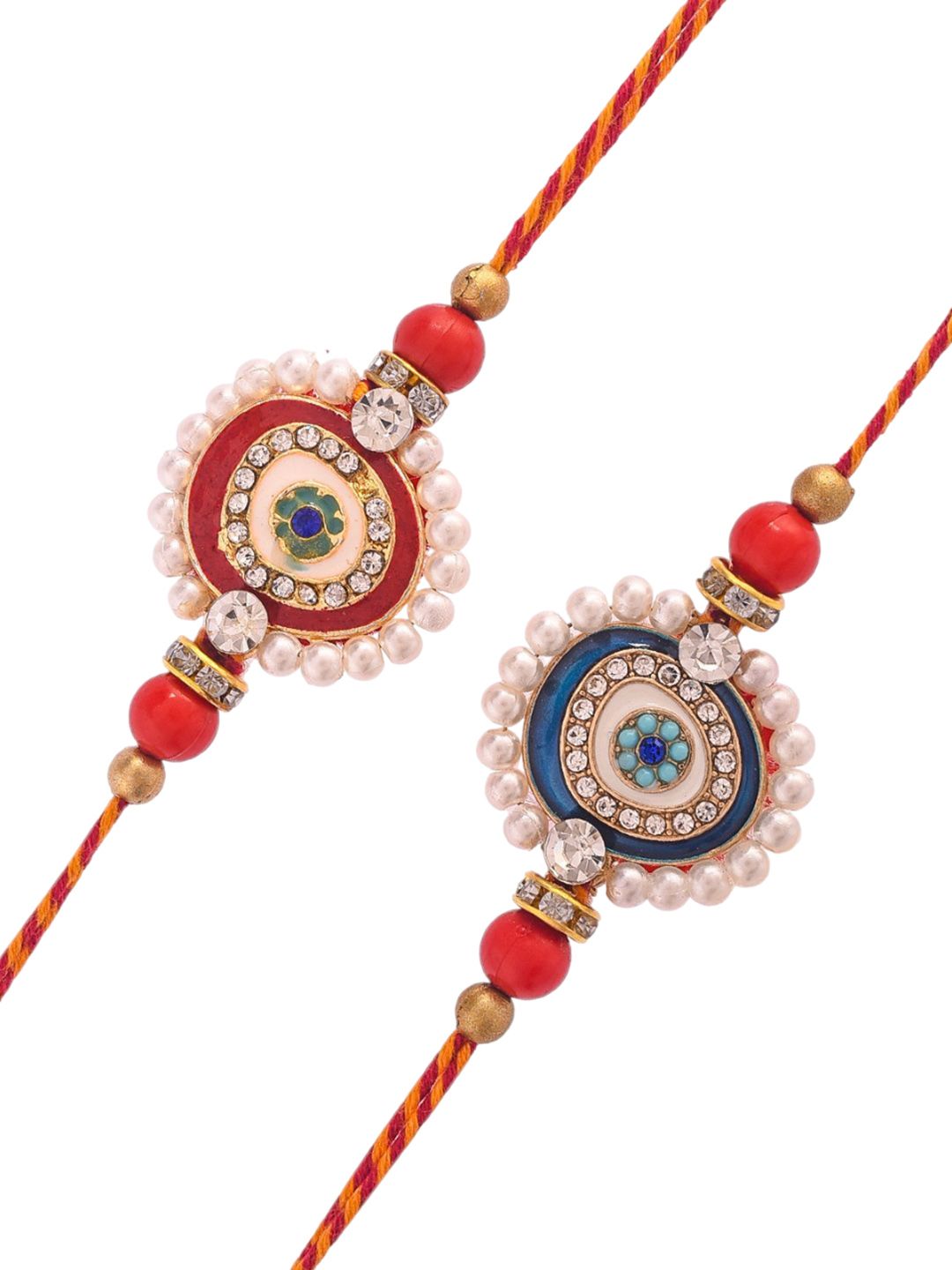 Dhiyona Set Of 2 White Pearl-Beaded Rakhi With Roli Rice & Greeting Card