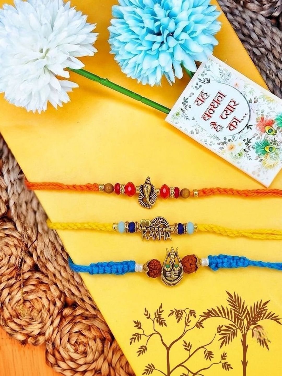 Dhiyona Set Of 3 Rudraksh Religious Rakhi Thread Rakhi Roli Chawal Chandan Mishri