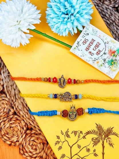 Dhiyona Set Of 3 Rudraksh Religious Rakhi Thread Rakhi Roli Chawal Chandan Mishri