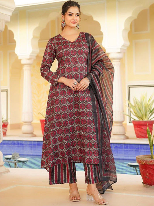 Dhiyona KL Floral Printed V-Neck A-Line Kurta with Palazzos And Dupatta