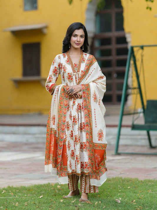 Dhiyona RR Women's Floral Printed Thread Work Pure Cotton Kurta With Trousers & Dupatta
