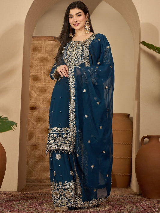 Dhiyona SN Women Ethnic Motifs Embroidered Regular Kurta with Sharara & With Dupatta