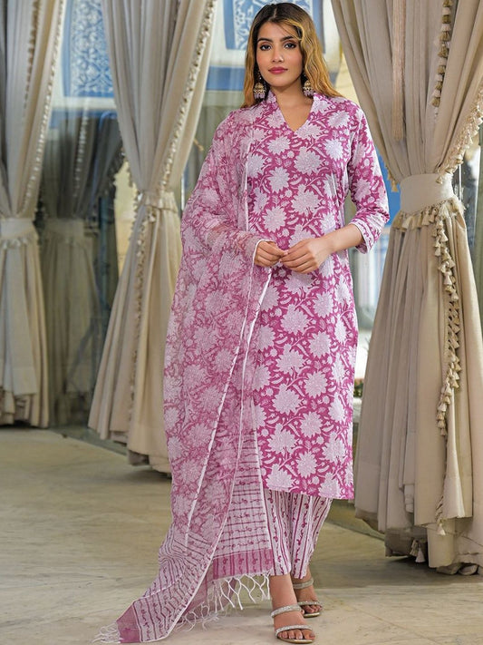 Dhiyona KL Floral Printed Mandarin Collar Pure Cotton Straight Kurta With Trousers & Dupatta
