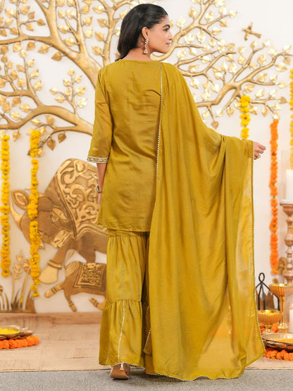 Dhiyona SC Women Ethnic Motifs Embroidered Kurta with Sharara & Dupatta