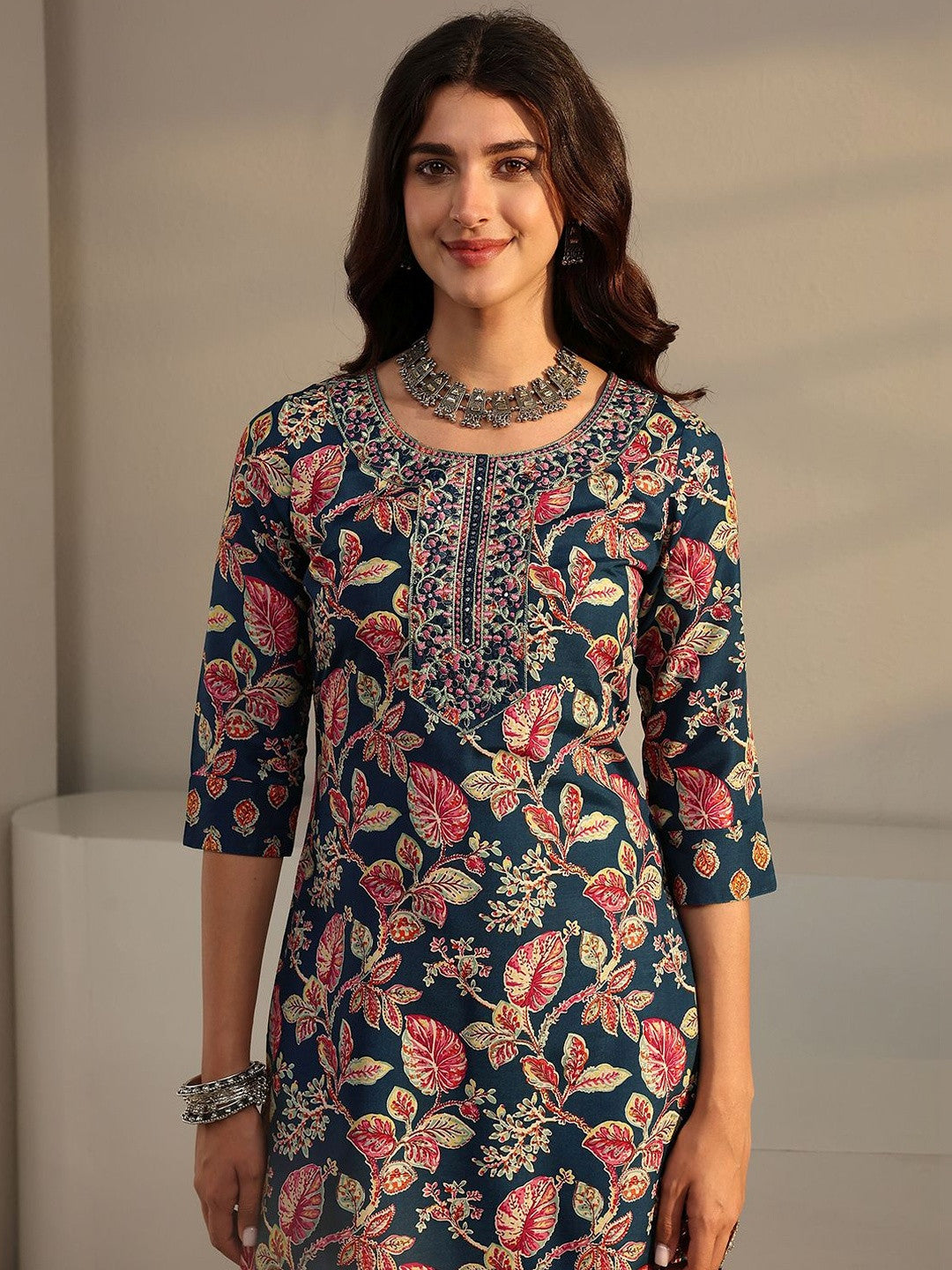 Libas Blue Floral Printed Straight Suit Set with Dupatta