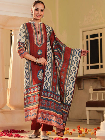 Dhiyona RR Women's Floral Printed Mandarin Collar Muslin Kurta With Trousers & Dupatta