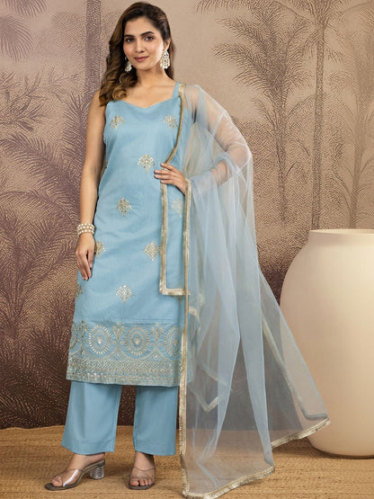 Embroidered Round Neck Kurta & Trousers With Dupatta