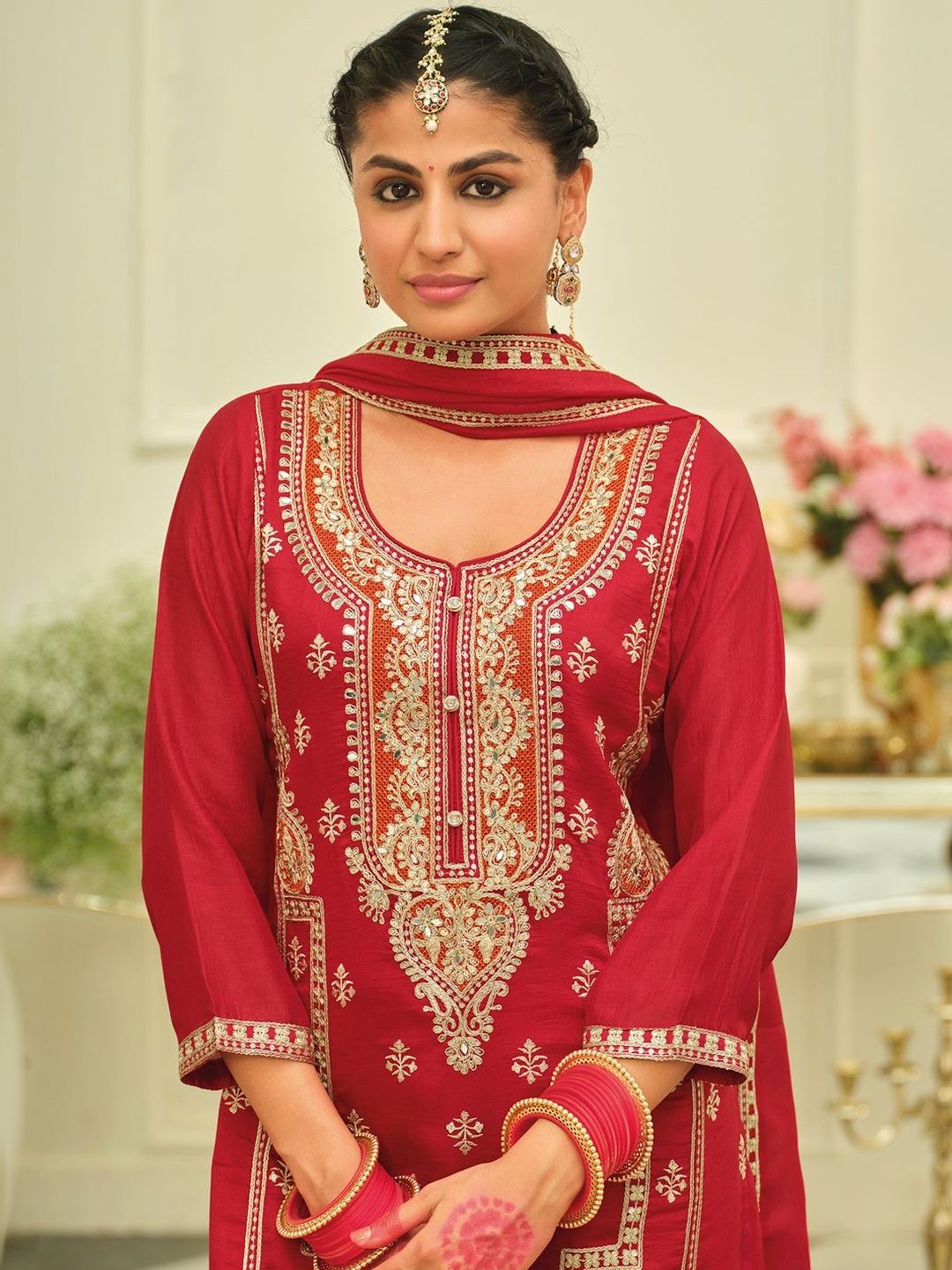 Dhiyona IE Women Ethnic Motifs Embroidered Regular Kurta with Palazzos & With Dupatta