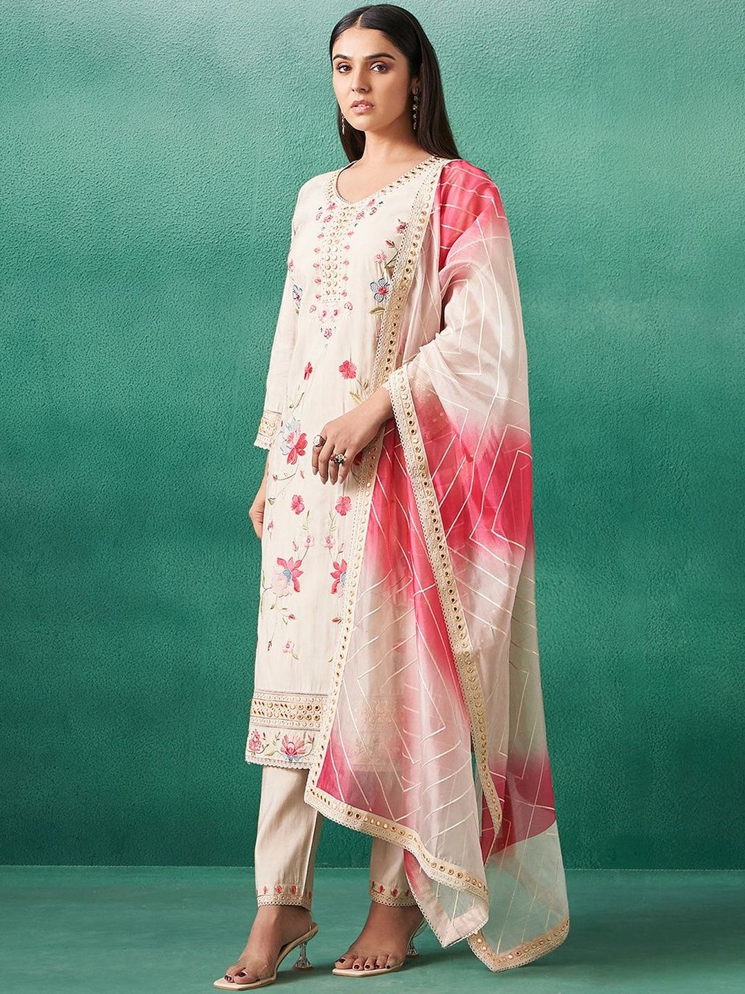 Dhiyona IE Women Floral Embroidered Regular Mirror Work Kurta with Trousers & With Dupatta