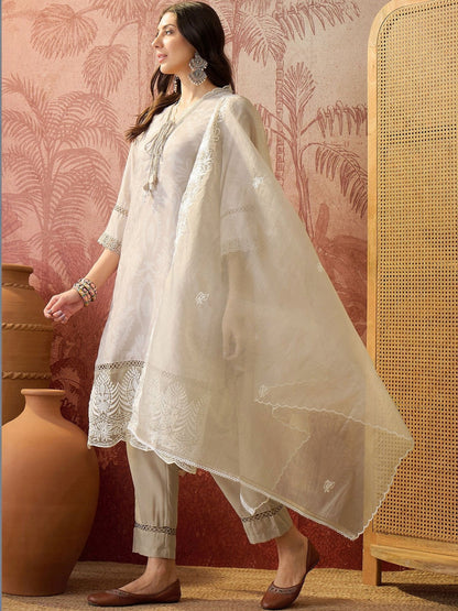 Embroidered Cotton Blend V-Neck Kurta & Trousers Kurta Set