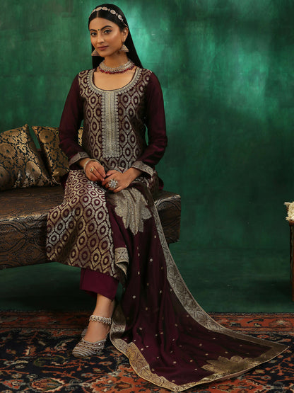 Women's LB Wine Woven Design Silk Blend Straight Suit With Dupatta