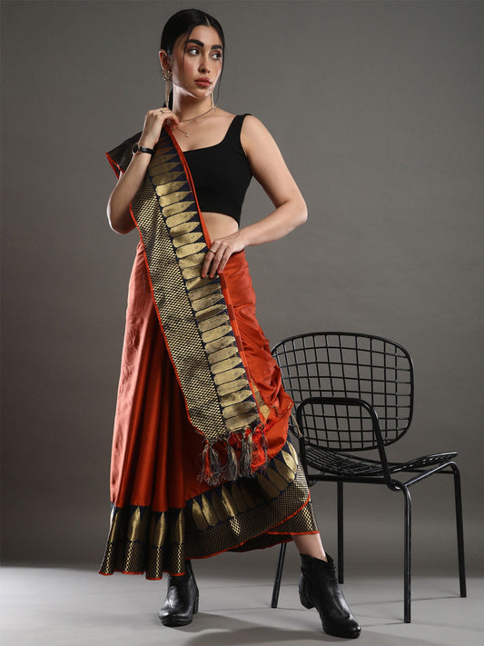 Women's Silk Blend Orange Woven Design Designer Saree With Blouse Piece