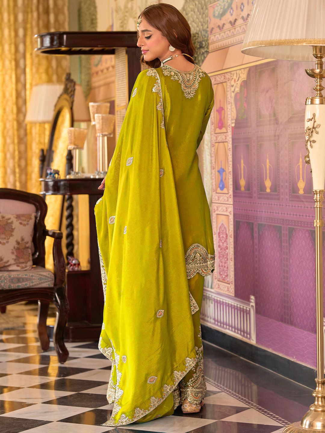 Ethnic Motifs Embroidered V-Neck Sequinned Kurta With Sharara & Dupatta