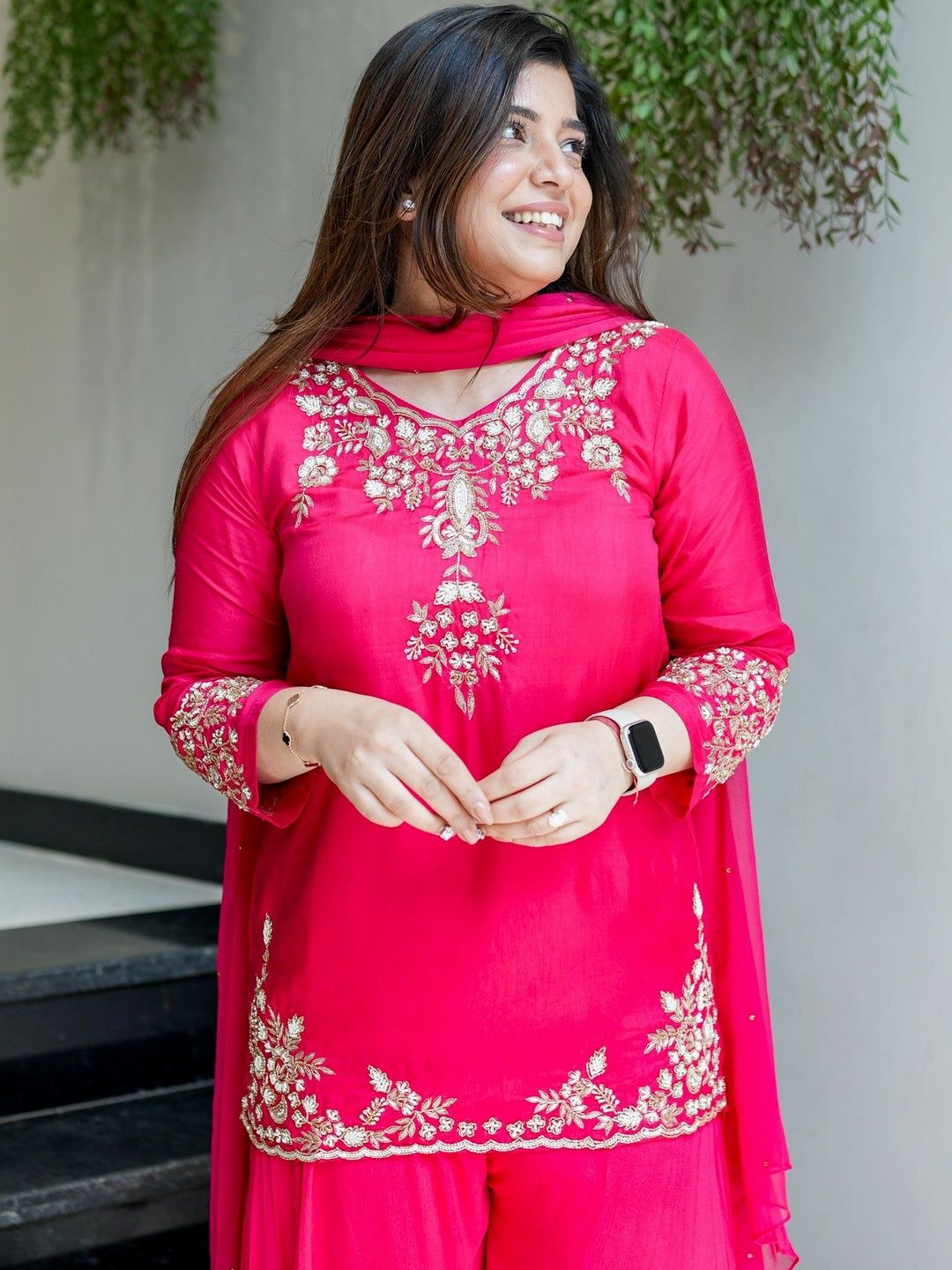 Dhiyona KL Women Ethnic Motifs Embroidered Regular Thread Work Silk Crepe Kurta with Palazzos & With Dupatta
