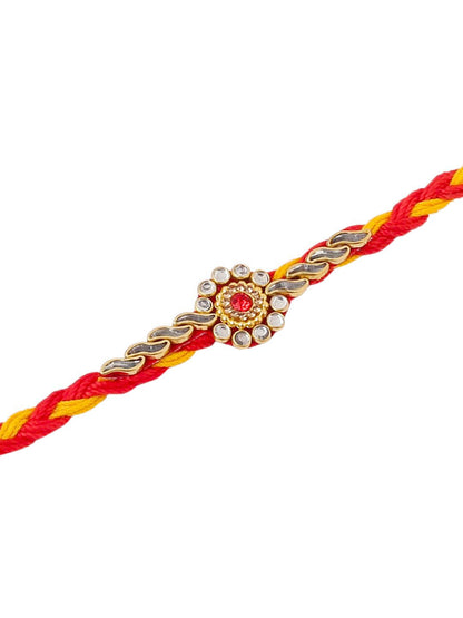 Dhiyona Men Set Of 3 Red & Yellow Kundan Studded Floral Design Thread Rakhi With Roli Chawal