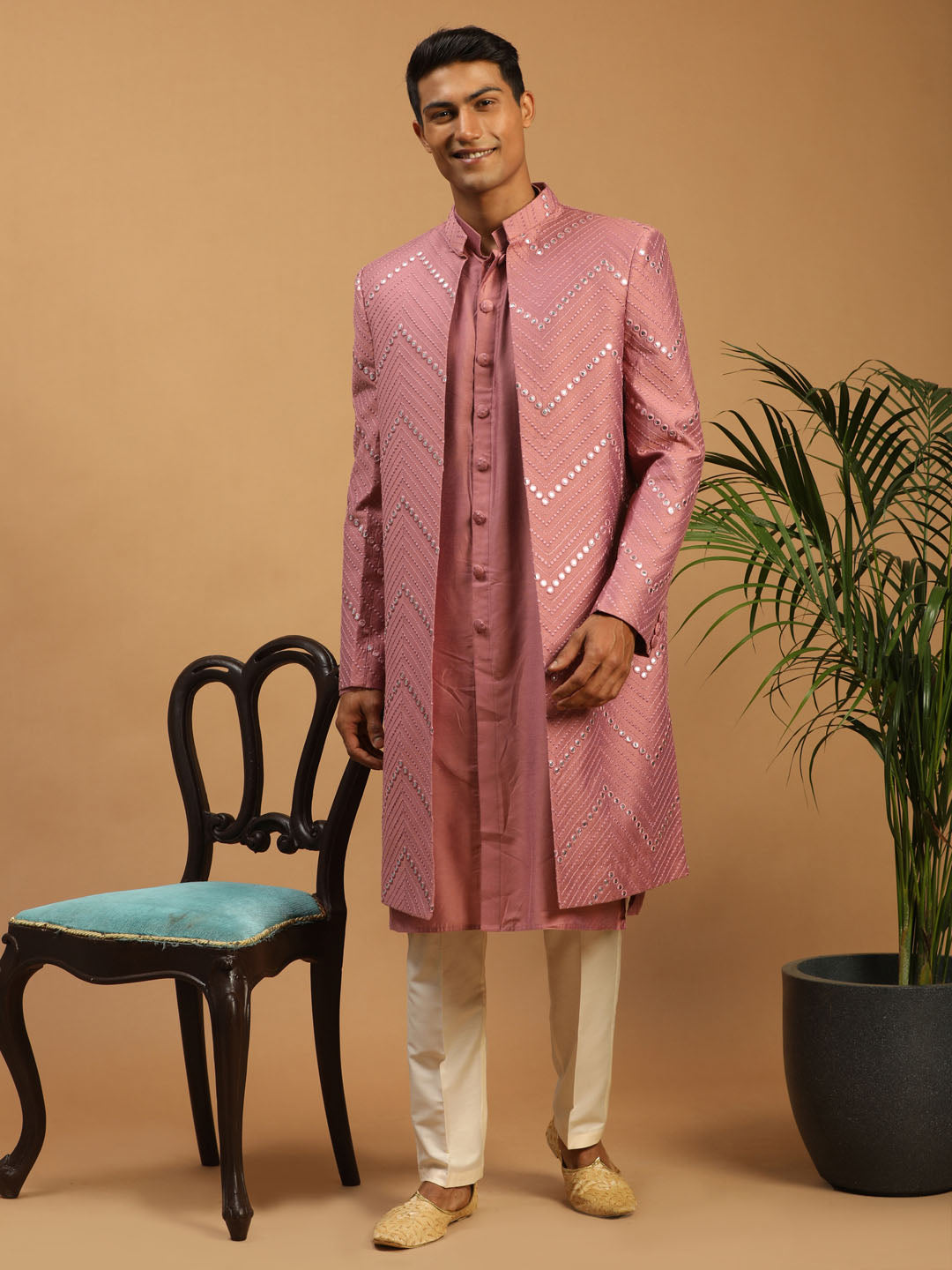 Men's Onion Pink Viscose Straight Sherwani Set