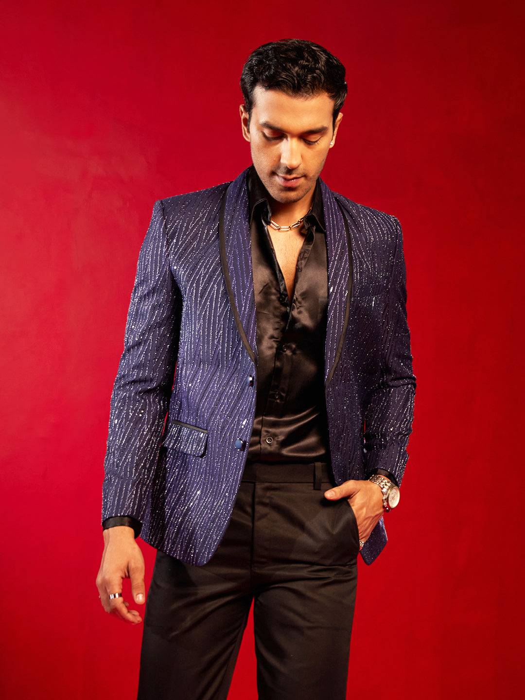 Men's Navy Blue Silk Blend Straight Blazer